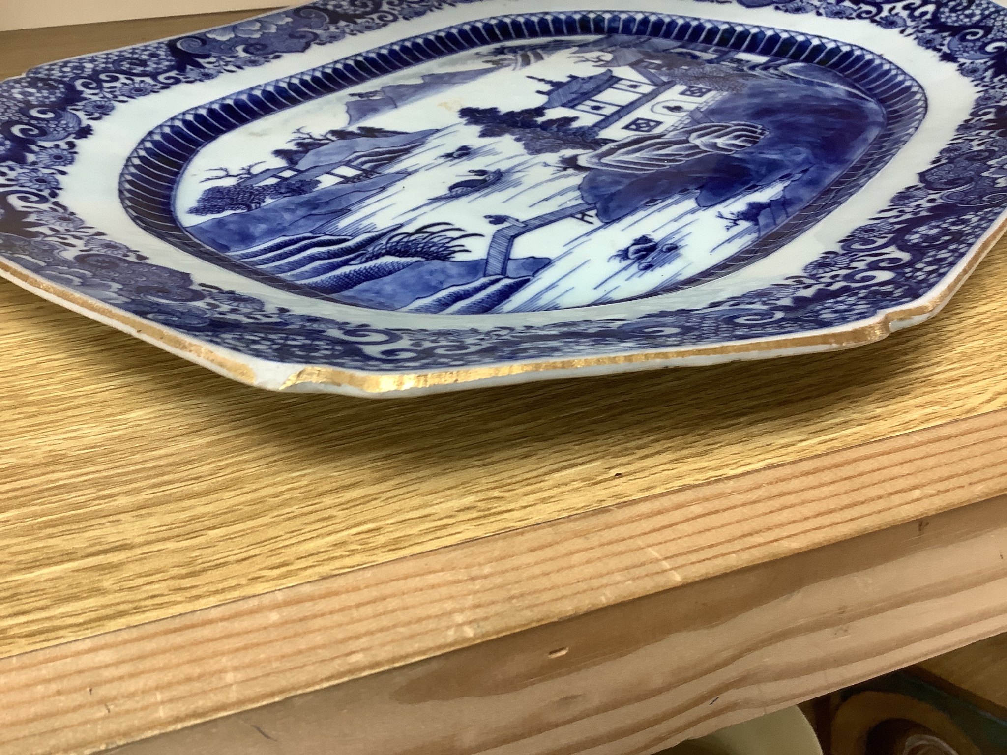 Two 18th century Chinese export blue and white meat plates, 36 x 28cm.